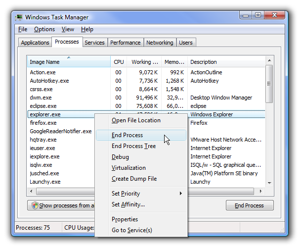 replacing task manager with process explorer in vista... Workaround for Vista Taskbar Thumbnail Previews Not Showing Correctly