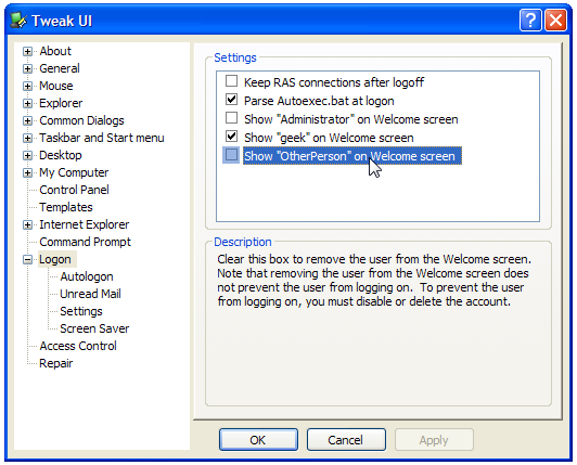 Remove User Accounts from the Login Screen in Windows XP