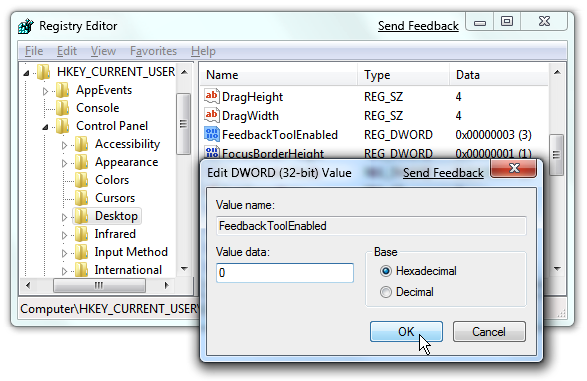 Remove the Ugly "Send Feedback" Link in Windows 7 Beta