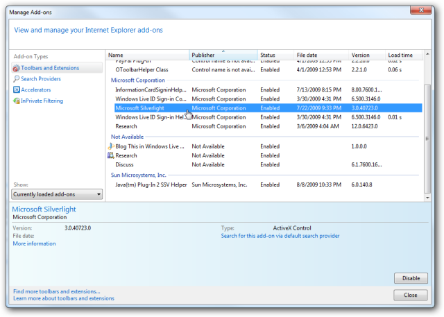 Troubleshoot and Manage Addons in Internet Explorer 8