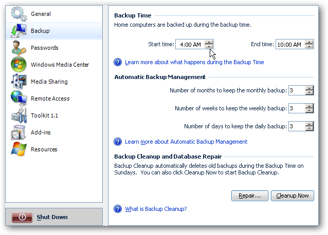 Configure Your Computer to Backup to Windows Home Server