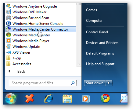 Setup Windows Media Center Connector to Windows Home Server