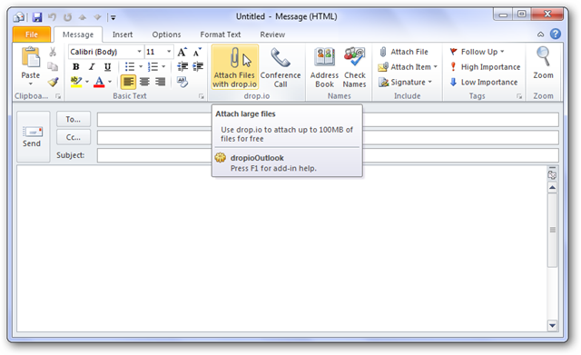 Send up to 100MB attachments with Outlook and drop.io