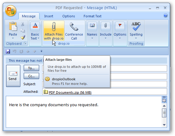 Send up to 100MB attachments with Outlook and drop.io