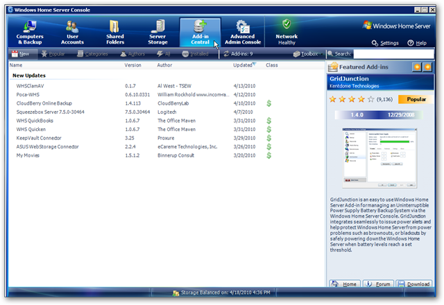 Addin Central Helps Find Plugins for Windows Home Server