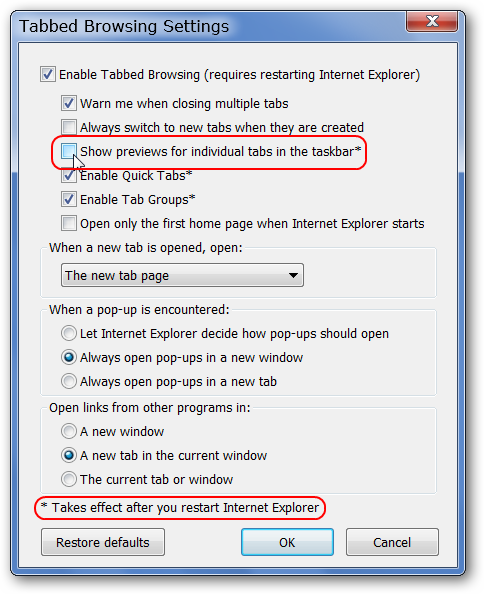 Disable IE 8 Thumbnail Previews on Windows 7 Taskbar