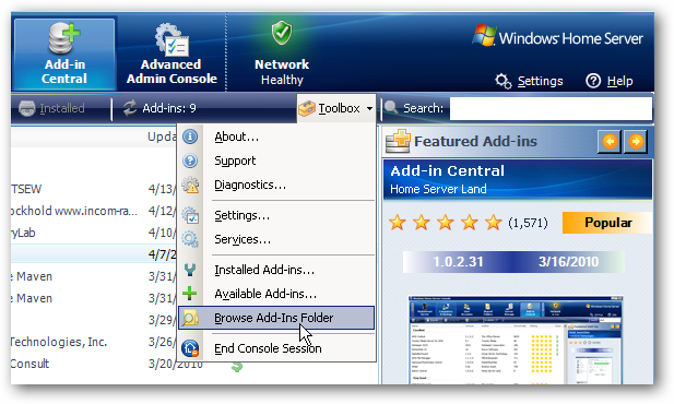 Add Center Addin Central Helps Find Plugins for Windows Home Server