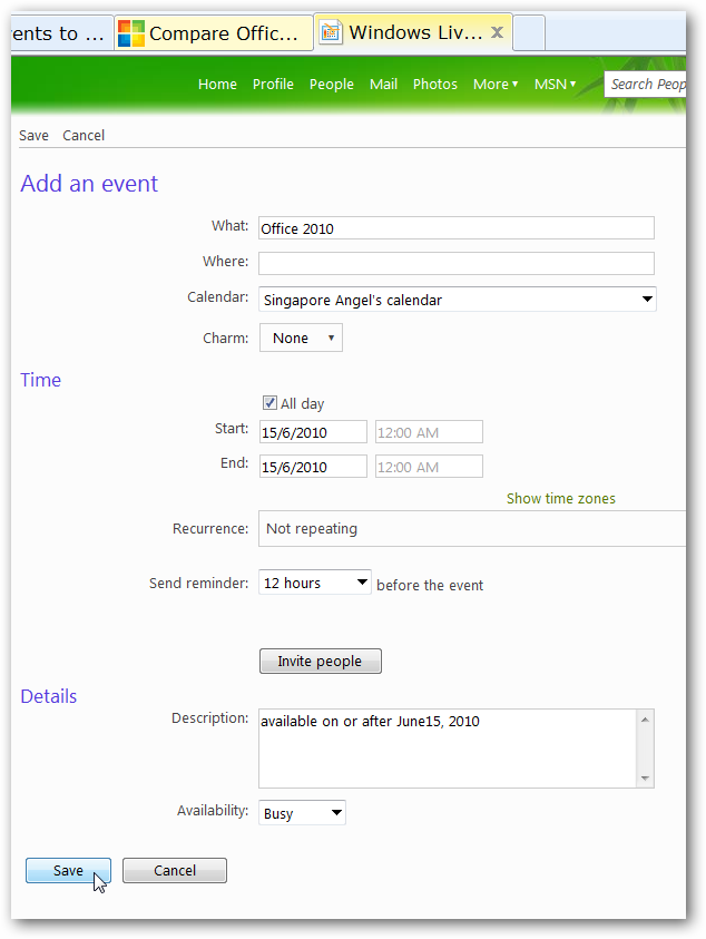Add Events to Windows Live Calendar in IE 8