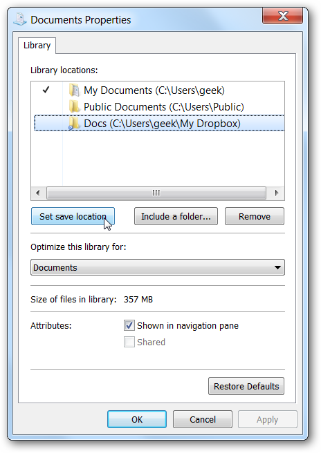 Change the Default Save Folder for Windows 7 Libraries to Something ...