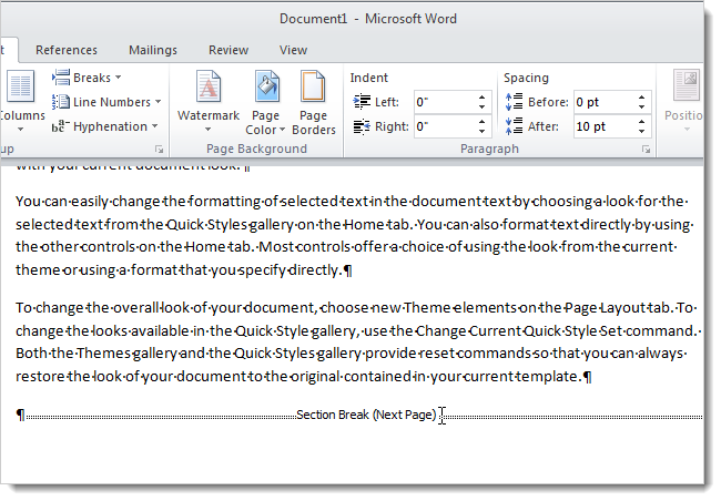 Change the Type for a Section Break in Word 2007 and 2010
