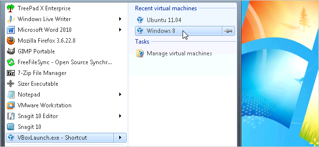 Access VirtualBox Virtual Machines from the Windows 7 Start Menu or Taskbar