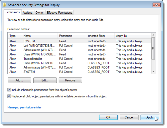 Take Ownership of a Registry Key in Windows 7