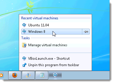 Access VirtualBox Virtual Machines from the Windows 7 Start Menu or Taskbar