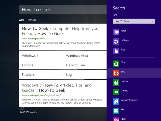 sA screenshot showing search in Windows 8.