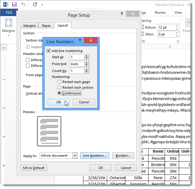 How to Number Lines in the Margins in Word 2013
