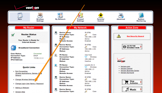 Fios router admin panel wireless settings page 192.168.1.1 SSID password setup