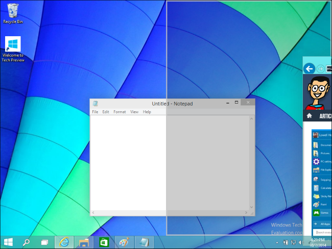 Snapping a window with the mouse in Windows 10.