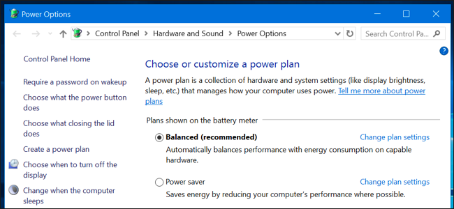 Windows Power Options window showing the available power plans, with the Balanced plan selected and the Power saver plan listed as an alternative for reducing energy consumption.