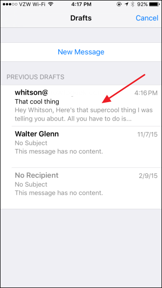 Quickly Access Drafts in the iOS Mail App with a Long-Press