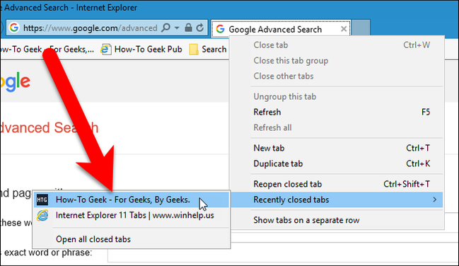 Internet Explorer's "Recently Closed Tabs" menu. 