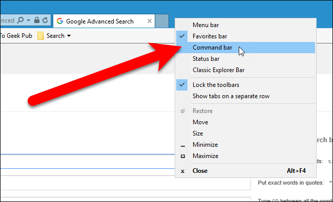 Right-click empty space on the tab bar, then click "Command Bar."