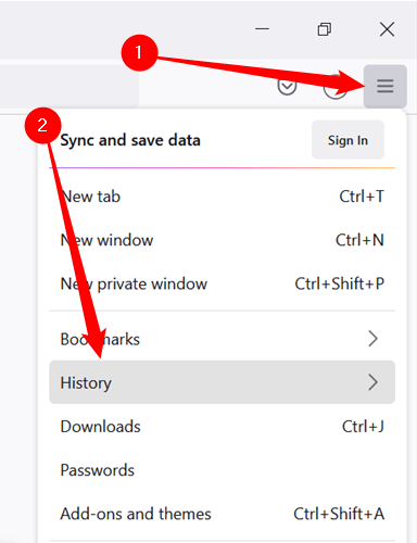 Click on the menu button in the top right, then click "History."