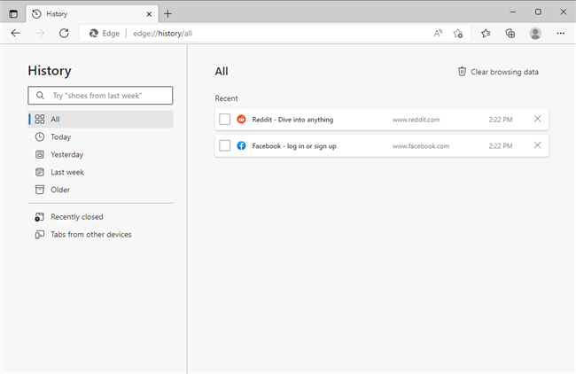 The full history page in Microsoft Edge.