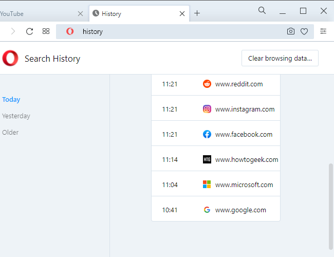 The Opera history page is sorted by date. Click on any link to reopen the page.