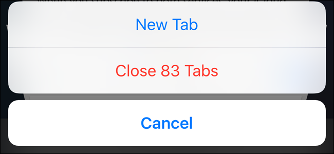A window in Safari on an iPhone asking if you want to close 83 tabs.