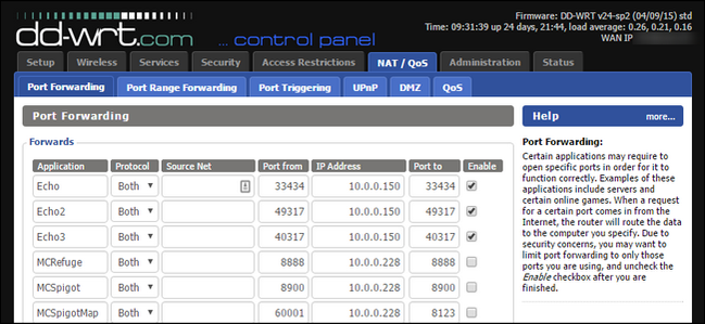 The dd-wrt port forwarding control panel. 
