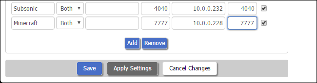 Minecraft and Subsonic port forwarding examples. 