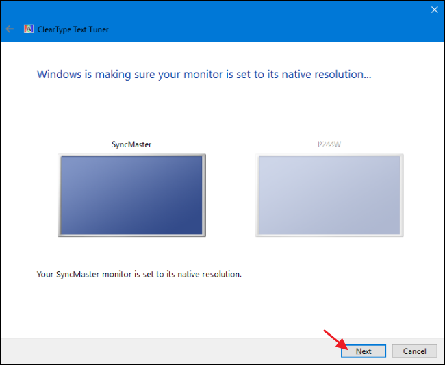 Windows ClearType text tuning wizard with sample text comparison