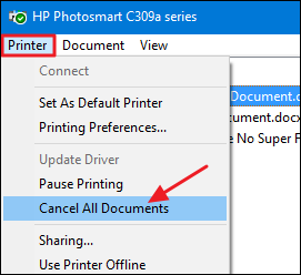 Windows print queue with Cancel All Documents option highlighted