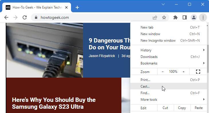 A screenshot of Google Chrome showing the location of the casting option in the main menu.