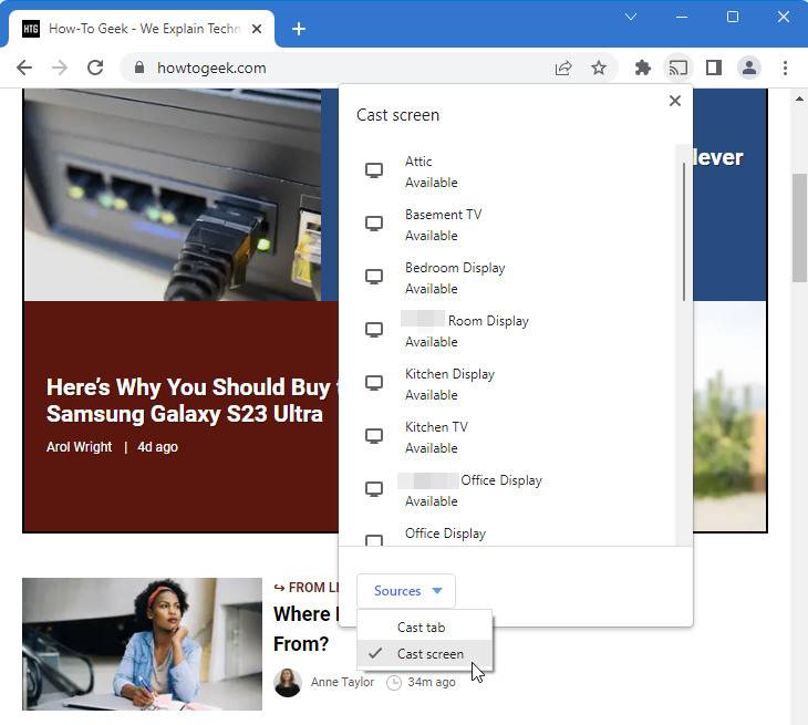 A screenshot of Google Chrome showing the detailed casting menu with the option to select streaming the tab or the whole screen.