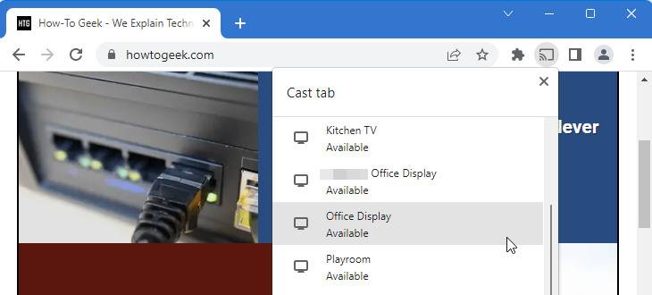 A screenshot of Google Chrome showing the list of available casting destinations on the local network.