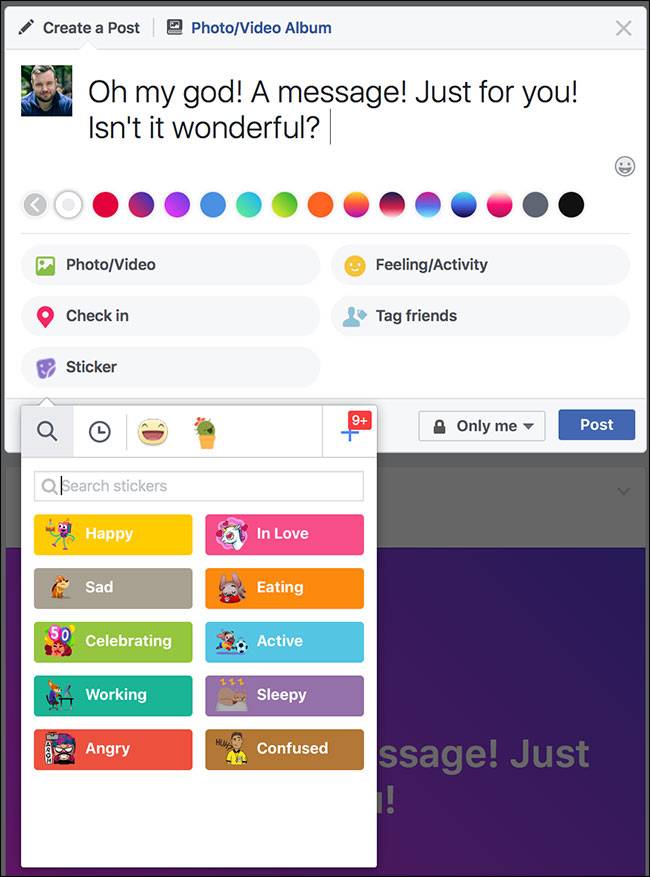 How to Create Facebook Statuses with Colorful Backgrounds or Large Stickers