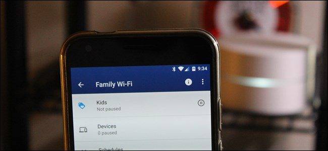 Close-up of a smartphone screen displaying a “Family Wi-Fi” settings page with sections like Kids and Devices.