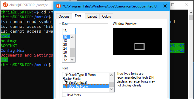 Right-click the title bar of the terminal application you're using, go to &quot;Properties,&quot; then click &quot;Font.&quot; Select &quot;Ubuntu Mono&quot; from the list. 