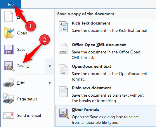 On Windows when viewing an RTF file, click "File," select "Save Ad," and choose "Other Formats"