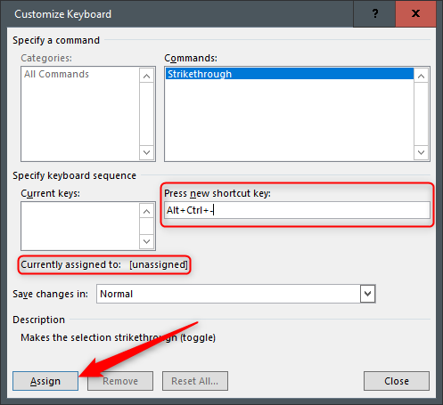 Create shortcut for strikethrough in Word