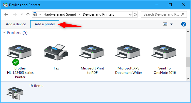Windows 10 Control Panel Devices and Printers add printer interface