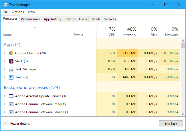 Apps and background processes in the Task Manager