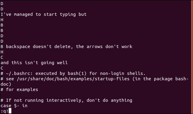 The :q! command being used in vi.