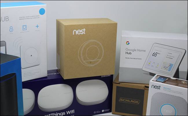 A Nest thermostat, Google Home Bub, Nest Protect, Schlage Smart Lock, Wink Hub, SmartThings Wifi Hub and Amazon Echo.