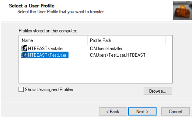 Transwiz profile select dialog, with TestUser profile selected.