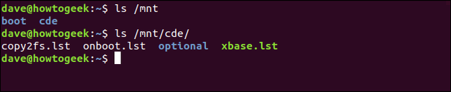 listando os arquivos em uma imagem ISO montada em uma janela de terminal