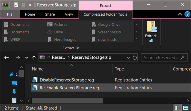 Disable Reserved Storage Registry files
