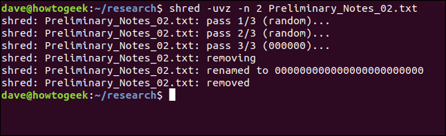shred making three passes in a terminal window