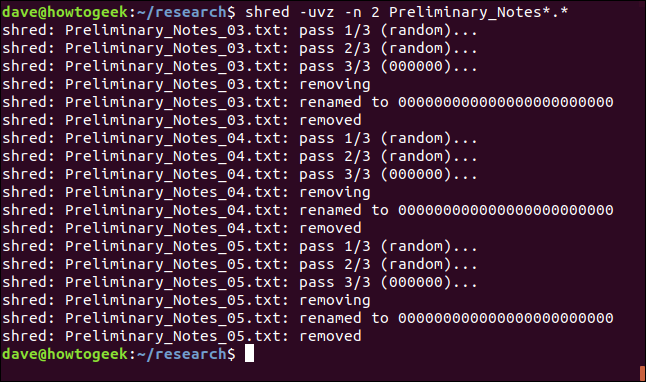 output from shred in a terminal window